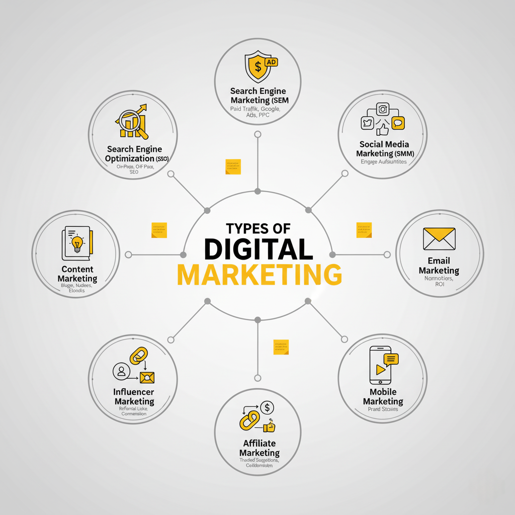 Illustration explaining the different types of digital marketing used by modern businesses.